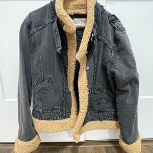 We The Free washed Black denim Jacket with tan Sherpa